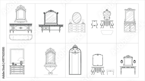 Mirror and dresser set, elegant bedroom vanity furniture with decorative framed mirror and wooden chest of drawers, clean CAD-style vector illustration isolated on white background, EPS 10.