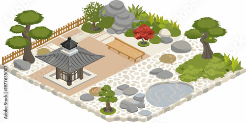 Isometric illustration of a peaceful japanese garden with traditional architecture