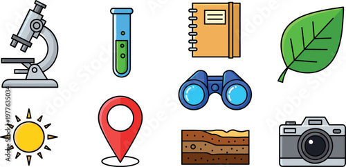 Science and Nature Icon Set with Microscope, Test Tube, Notebook, Leaf, Sun, Binoculars, Soil, and Camera for Environmental and Educational Designs