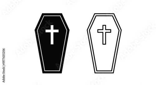 Two coffins one dark one light both displaying crosses a stark silhouette