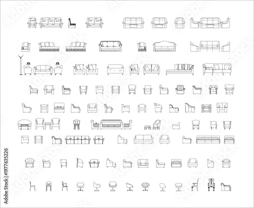 Couches and armchairs furniture set collection, modern living room seating sofa and single chair arrangement for interior design clean CAD-style vector illustration isolated on white background. EPS 1