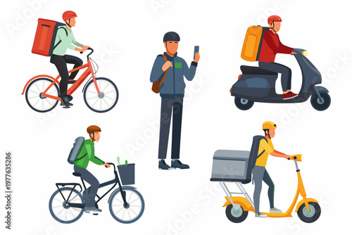Diverse delivery workers using bicycles and scooters for fast transportation