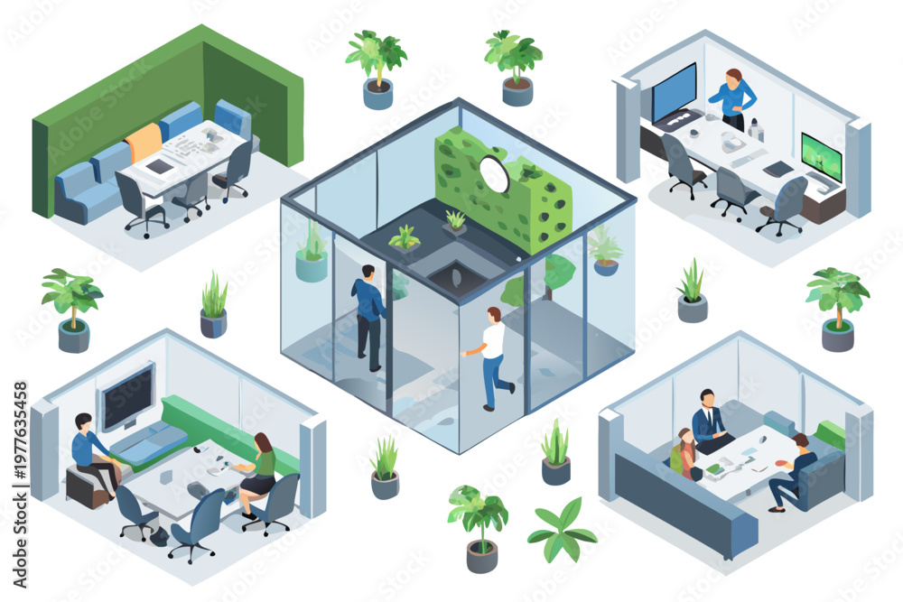 Fototapeta premium Isometric illustration of a modern open plan office workspace with employees