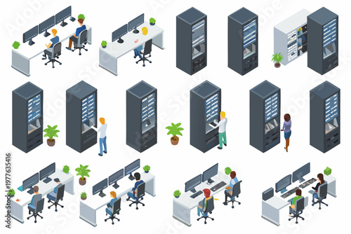 Isometric illustration of data centers server racks and office workstations