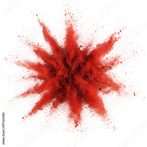 Vibrant red chili powder flakes and fine dust exploding in a chaotic spray against a minimalist transparent background culinary energy atmosphere