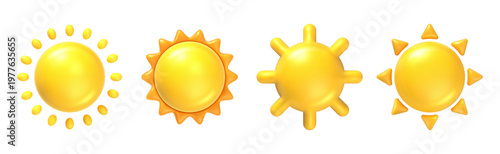 Collection of bright 3D sun icons with various ray shapes and glossy gradient finish. Ideal for weather apps, summer design and seasonal visuals. Isolated on light background.