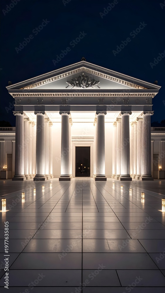 Fototapeta premium Illuminated neoclassical facade with gleaming floor fixtures at twilight hour