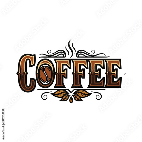 Vintage Coffee Word Art with Coffee Bean Detail.