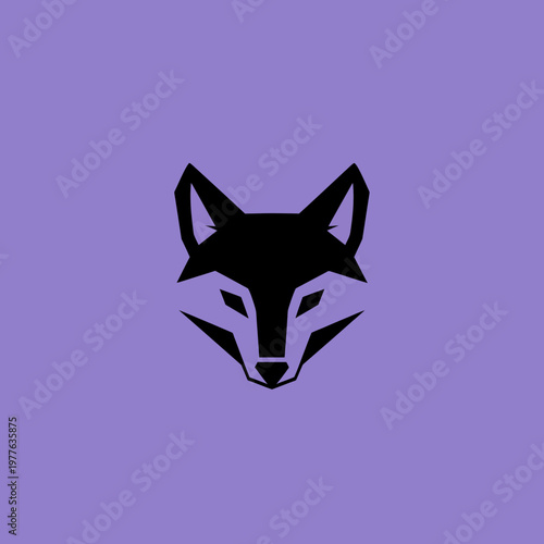Minimalist Black Fox Head Icon on Purple Background.