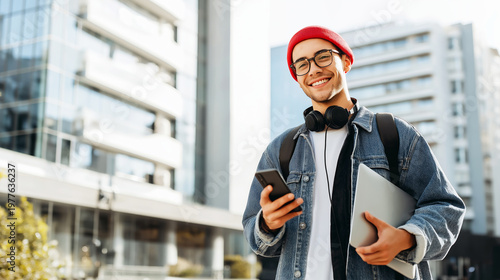Young smiling man in a red beanie and glasses standing outdoors, holding a phone and laptop, enjoying urban life