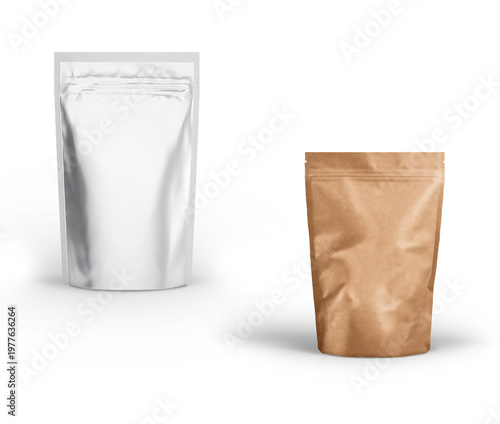 Silver and brown Kraft paper pouches standing side by side on a white surface