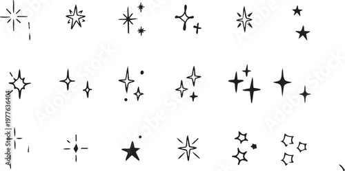 Celestial Sparkles: A collection of various shining star illustrations, symbolizing purity, magic, wonder.