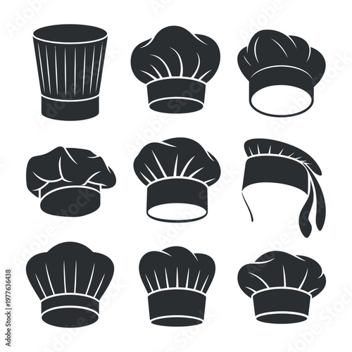 Collection of chef hats in various styles against a clean white background with simple graphic design