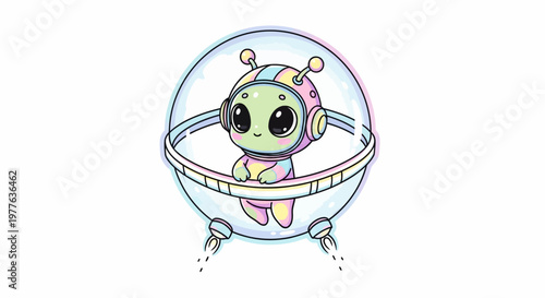 Cute Kawaii Alien in Spaceship Flying, Cartoon Character, Outer Space Adventure