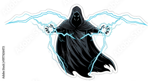 Mysterious hooded figure casting electric lightning spells