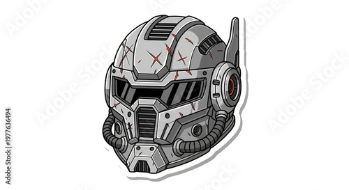 Sci-Fi Robot Helmet with Scratches and Wires, Futuristic Military Headgear