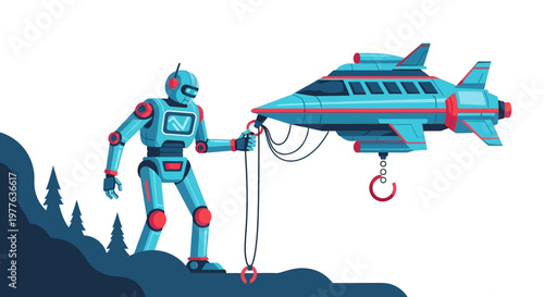 Robot pulling a futuristic spaceship with a crane on a hill with trees