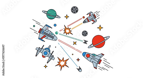 Retro Space Battle: Rockets, Planets, and Explosions in Cartoon Style