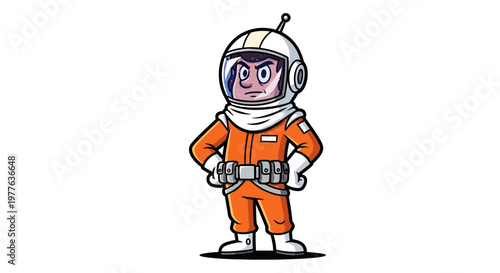 Cartoon astronaut in orange suit, determined expression, isolated on white background
