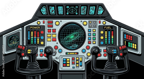 Retro Sci-Fi Spaceship Cockpit Interior with Control Panel and Joysticks