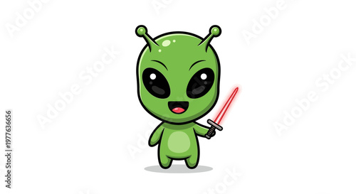 Cute Cartoon Alien Holding Red Lightsaber, Extraterrestrial Character Design