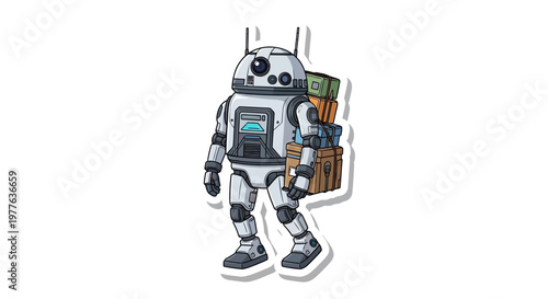 Futuristic Robot with Luggage Backpack on White Background