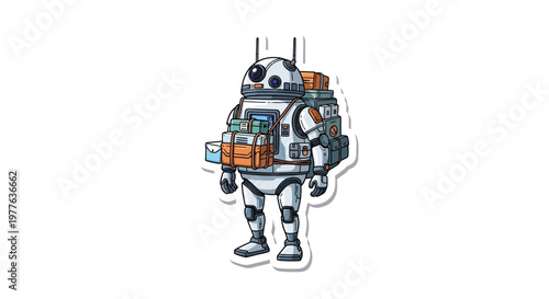 Futuristic Robot Traveler with Backpack and Luggage