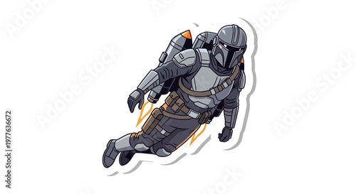 Futuristic Warrior Flying with Jetpack, Sci-Fi Character in Armor with Rocket Thrusters