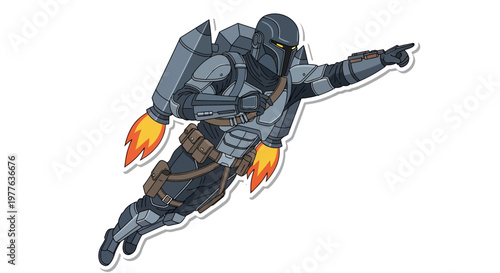 Futuristic Soldier with Jetpack Flying and Pointing