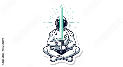 Astronaut Meditating with Glowing Sword, Pixel Art Style, Cosmic Warrior