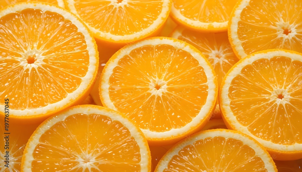 Fototapeta premium Bright juicy orange slices arranged in a fresh citrus composition, glistening pulp texture with tiny juice droplets, vibrant summer fruit concept, natural lighting, ultra-realistic detail, isolated o