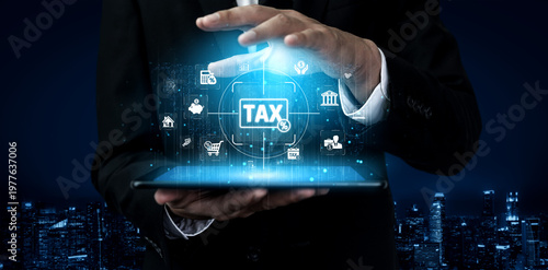 Tableau sur toile Businessman in Suit Presenting Tax Digital Concept with Modern Technology in Urb