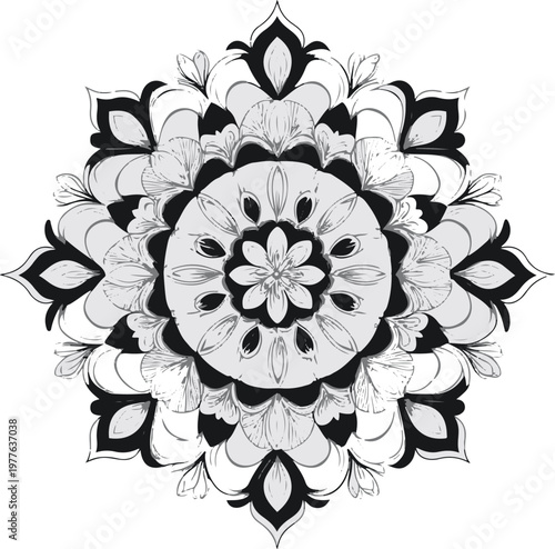 perfectly symmetrical floral mandala, clean vector, tribal mandala, smooth bezier curves, white background 2