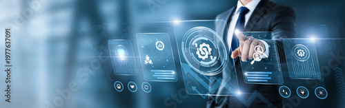 Businessman pointing at digital screen with business integration data and analytics interface. system integration, enterprise solutions, digital transformation, workflow automation