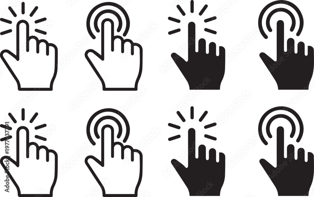 Fototapeta premium A set of hand icons pointing and clicking on various targets