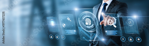 Businessman pointing at digital screen with digital forensics data and analytics interface. cyber investigation, data recovery, security analysis, evidence collection, IT security, forensic technology