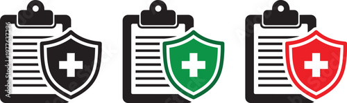 A set of medical shield icons on clipboards with documents