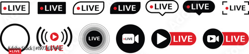 Live streaming icon set featuring black buttons with camera and signal symbols for online broadcasting. Digital elements represent real time video content. Online stream vector illustration design.