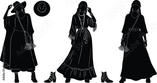 Set of three bohemian women silhouettes wearing maxi dresses and fringe bags with accessory elements, boho chic girls, isolated vector