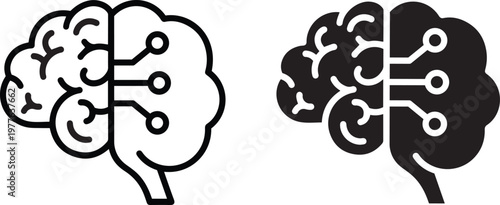 A black and white illustration of two brains with circuit boards inside them