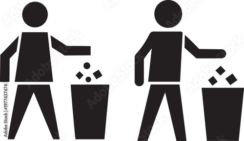 Two stick figures throwing trash into garbage bins on a white background