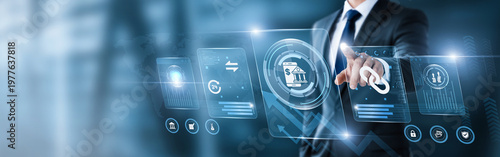 Businessman pointing at digital screen with online banking data and analytics interface. digital finance, secure transactions, mobile banking, fintech solutions, account management, e-banking services