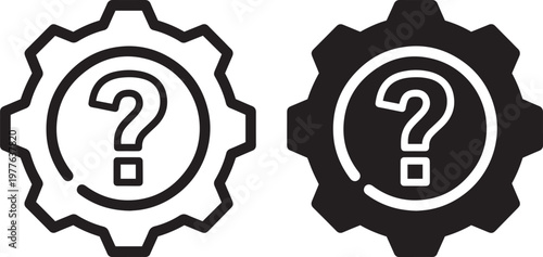 A black and white illustration of two gear icons with question marks