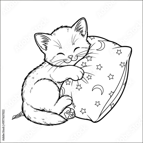 Cute little kitten sleeping with pillow and stars moon pattern
