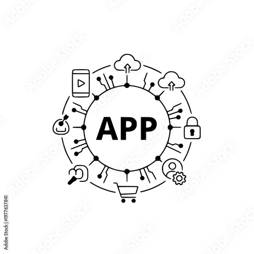 App development concept with mobile interface icons in circular network isolated on white background
