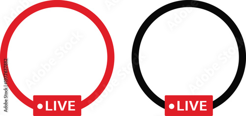 Live streaming icon set featuring red and black circular frames with live recording labels for profile pictures and online broadcasting. Digital elements represent real time video stories.