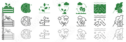 Climate change impact and environmental system web line and solid icon set with temperature, plant cycle, rain, pollution, compost and biodiversity symbol. Editable stroke