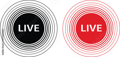 Live streaming icon set featuring circular red and black signal wave symbols for online broadcasting. Digital radio wave indicators represent real time video content and connection.
