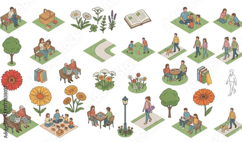 Isometric park people vector set in grid layout with outdoor leisure activities isolated on white