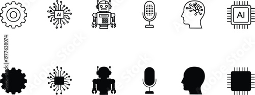 Neural Networks Robots Microchips Human Brain and Voice Recognition Symbols in Line and Silhouette Style